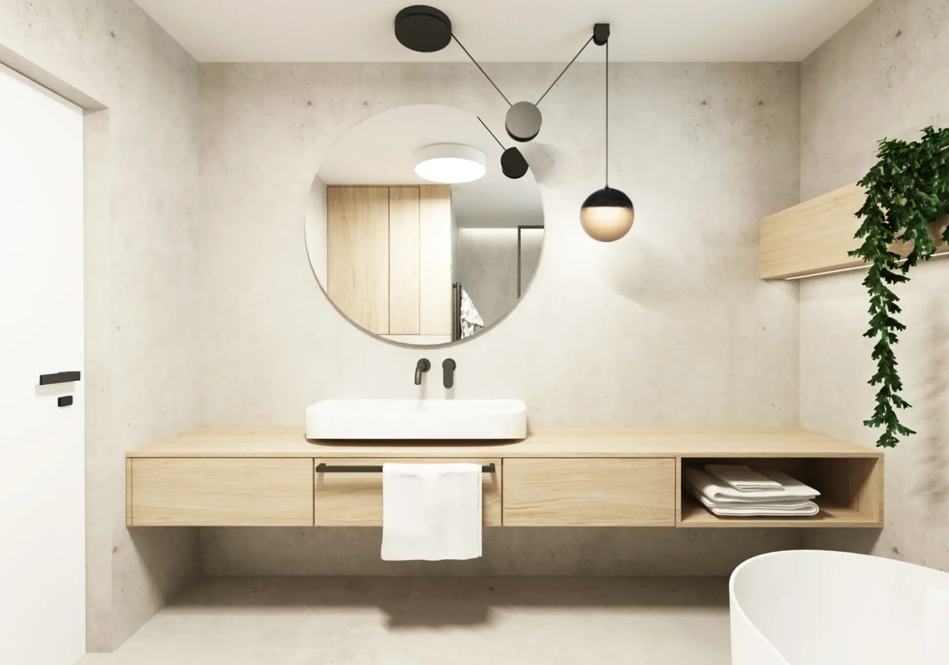 Návrh kúpeľne s betónovou stierkou, bielenným dubom a čiernymi batériami, BA Bathroom, Bratislava