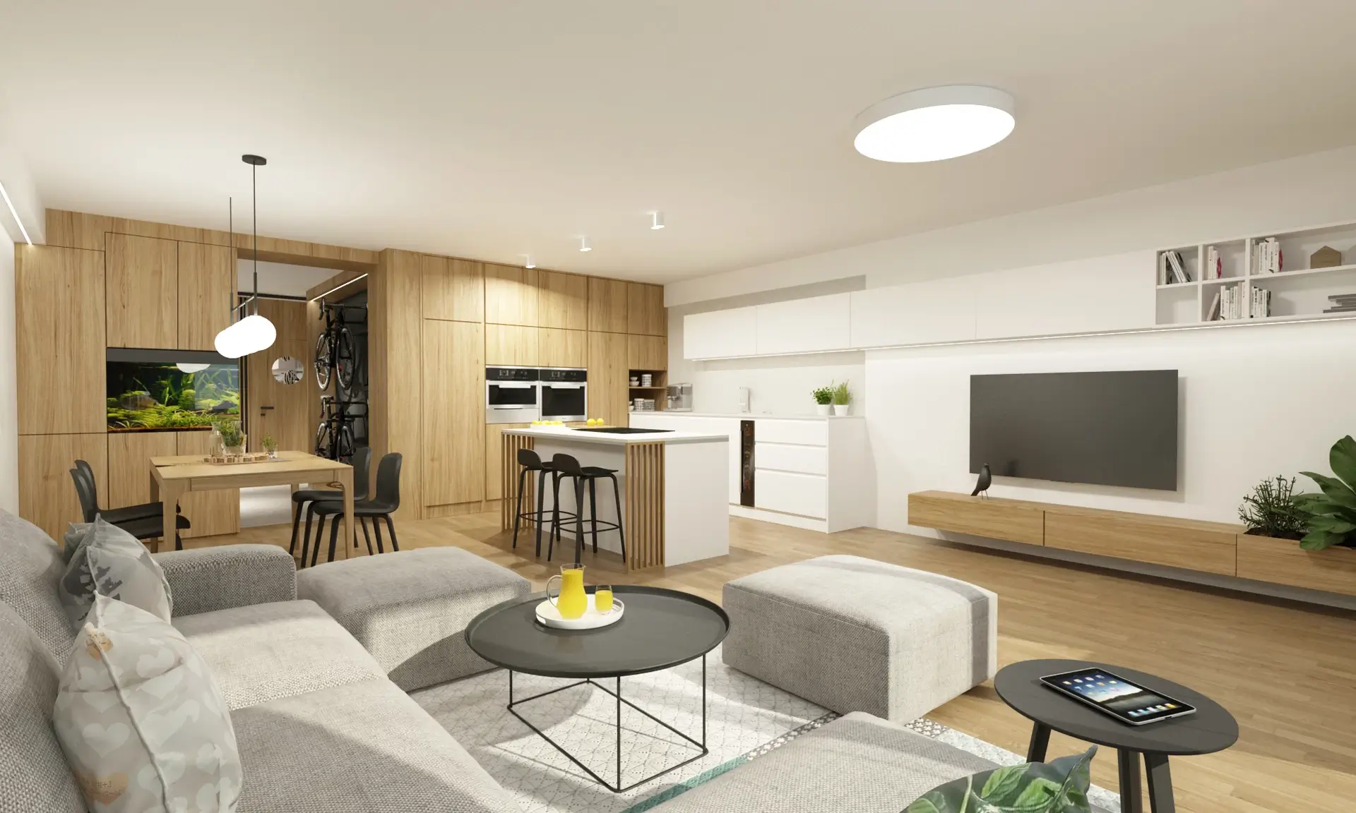 Návrh obývačky s jedálňou po rekonštrukcii, byt BA K3, Staré Mesto Bratislava