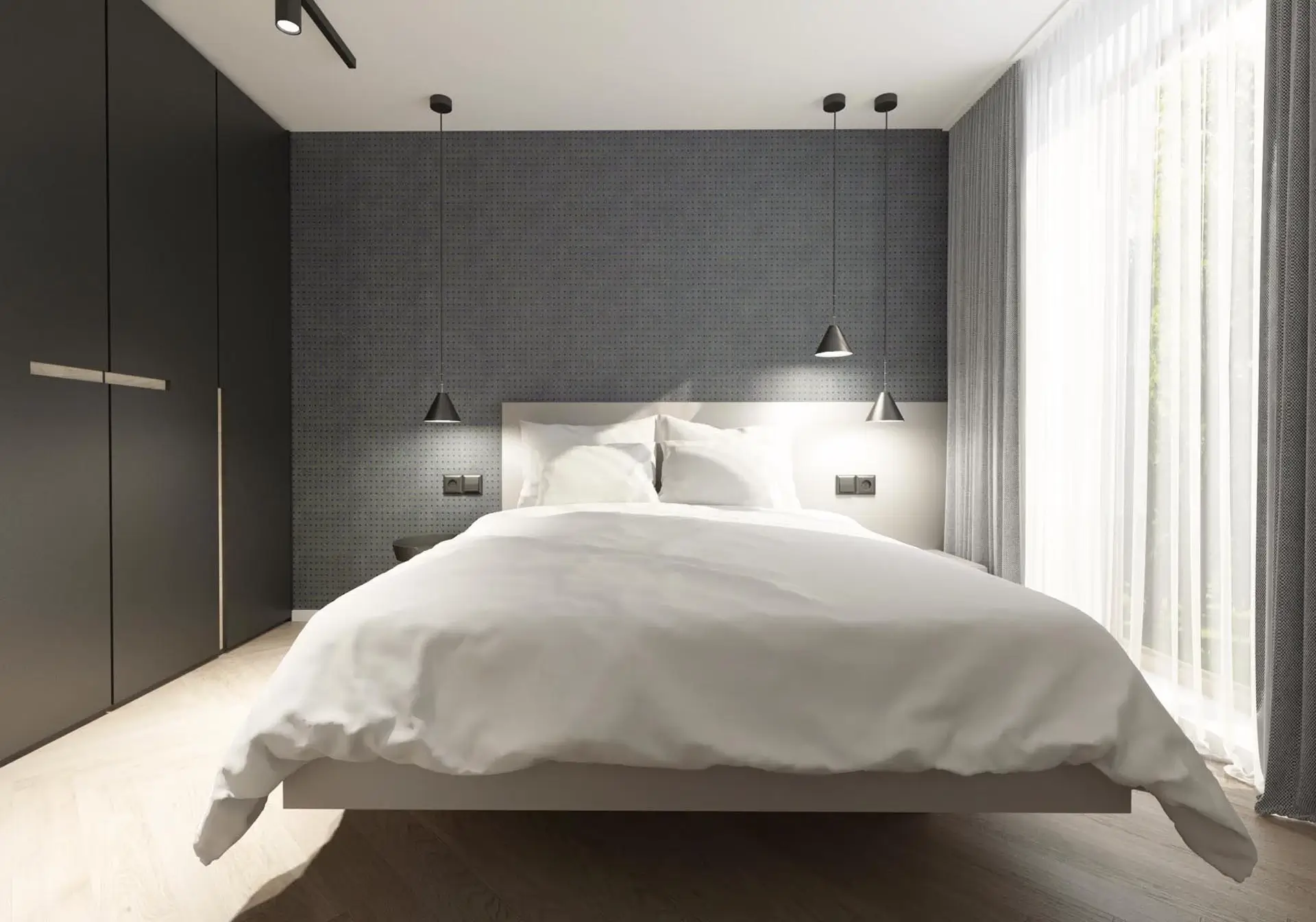 Návrh šedej spálne v byte BA K9, Staré Mesto Bratislava, elegantný tmavý interiér