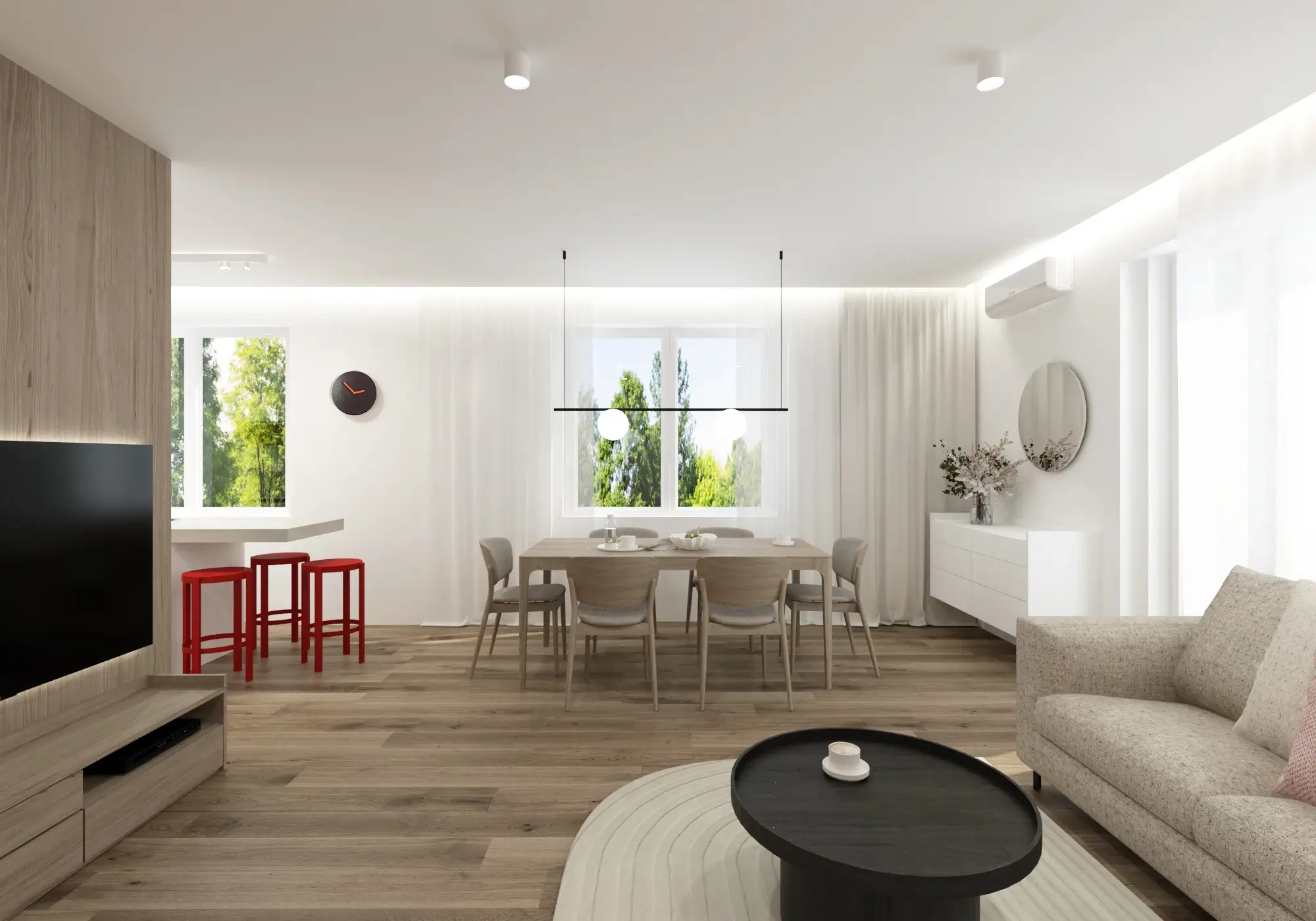 Návrh jedálne spojenej s obývačkou v byte BA Red, moderný interiér Bratislava