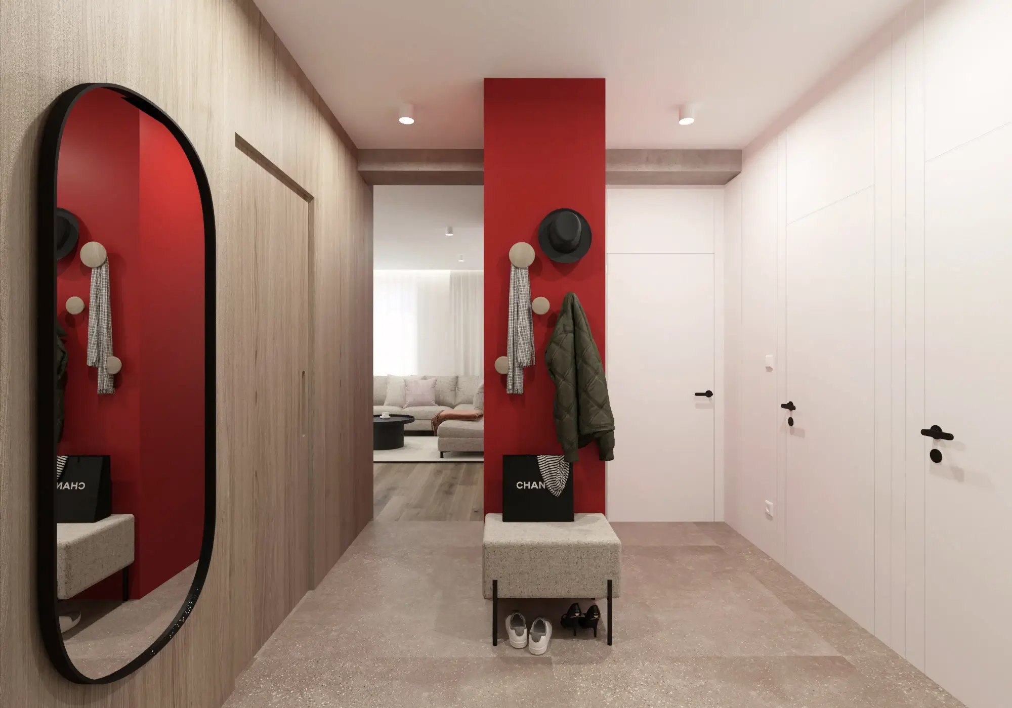 Návrh vstupnej chodby s červeným akcentom, byt BA Red Bratislava
