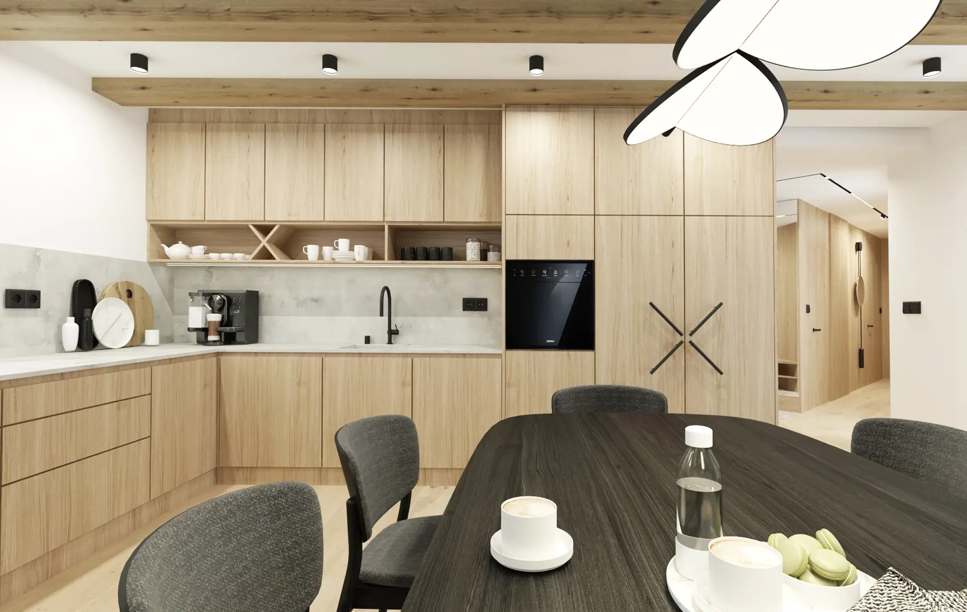 Návrh kuchyne s jedálňou a svietidlom Foscarini, víkendový dom HR WKND pri Veporských vrchoch