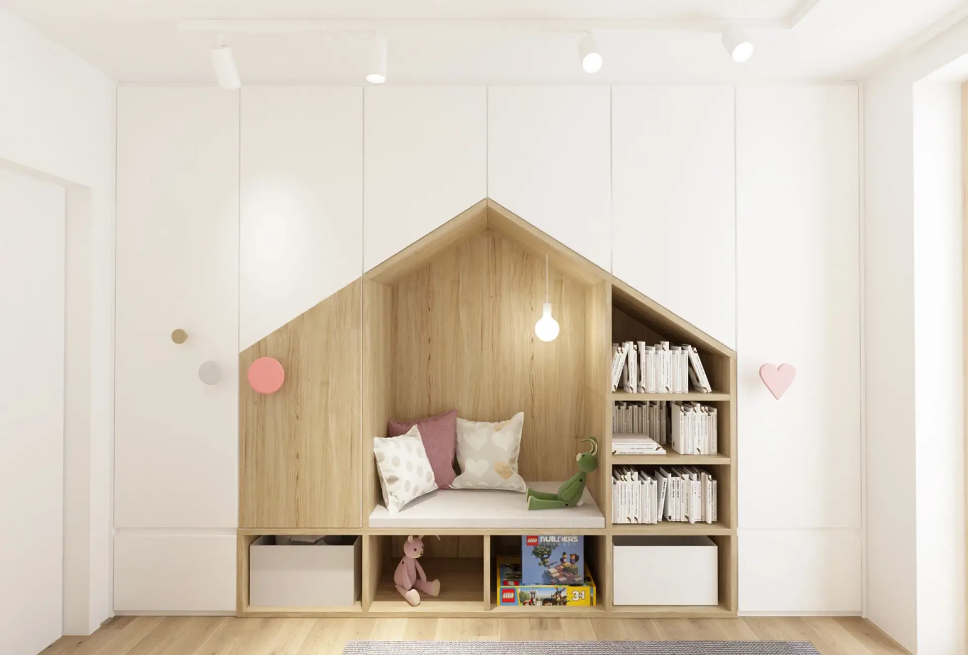 Návrh interiéru dievčenskej izby s oblými čalúnenými obkladmi a kvetinovou tapetou, L House Liptov