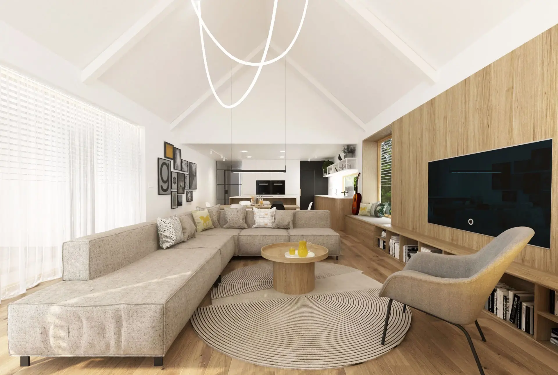 Návrh obývačky s kuchyňou a dreveným ostrovom, drevostavba L House, Liptovské Sliače