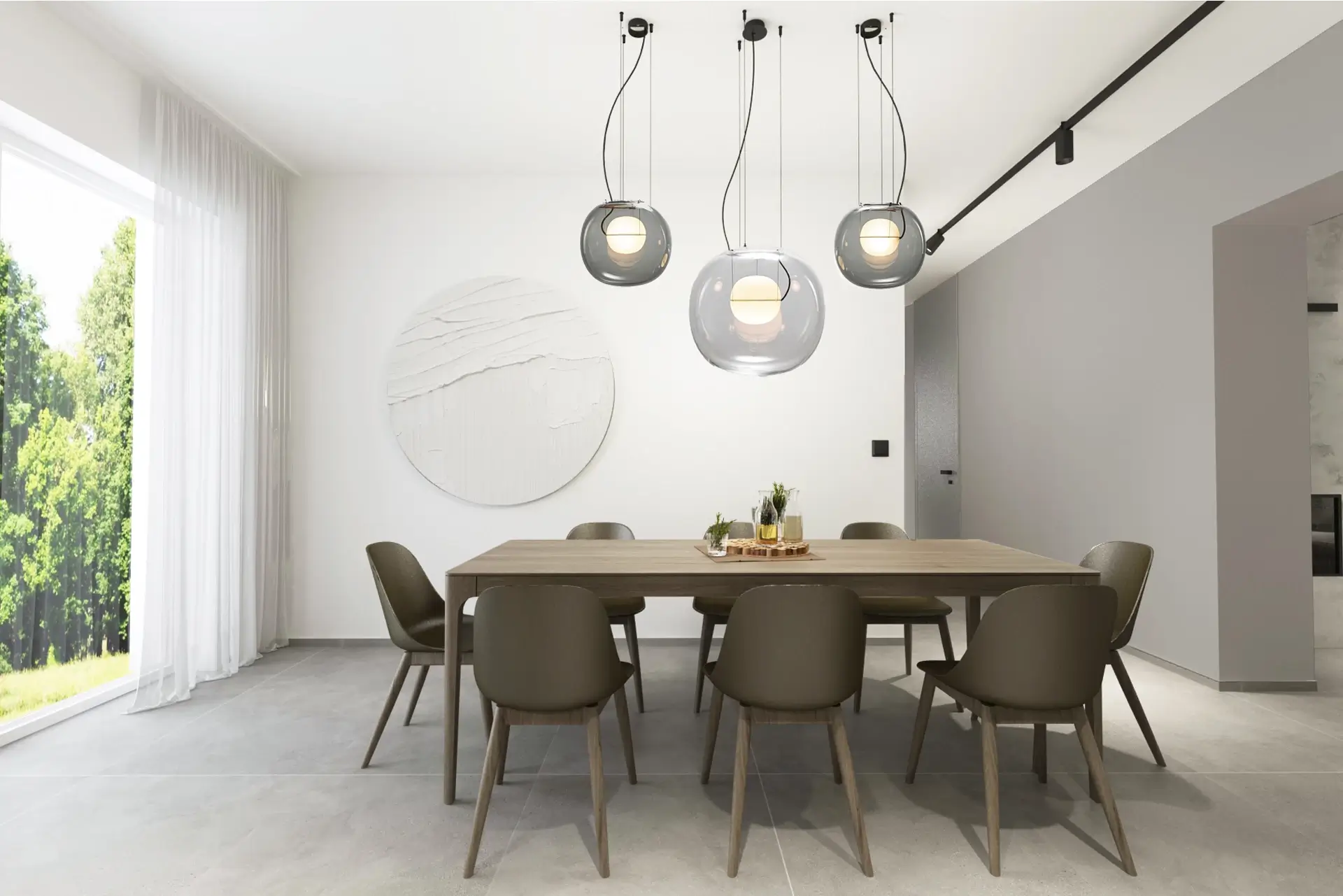 Návrh interiéru jedálne s rozkladacím stolom a svietidlami Brokis, rodinný dom PN House Piešťany