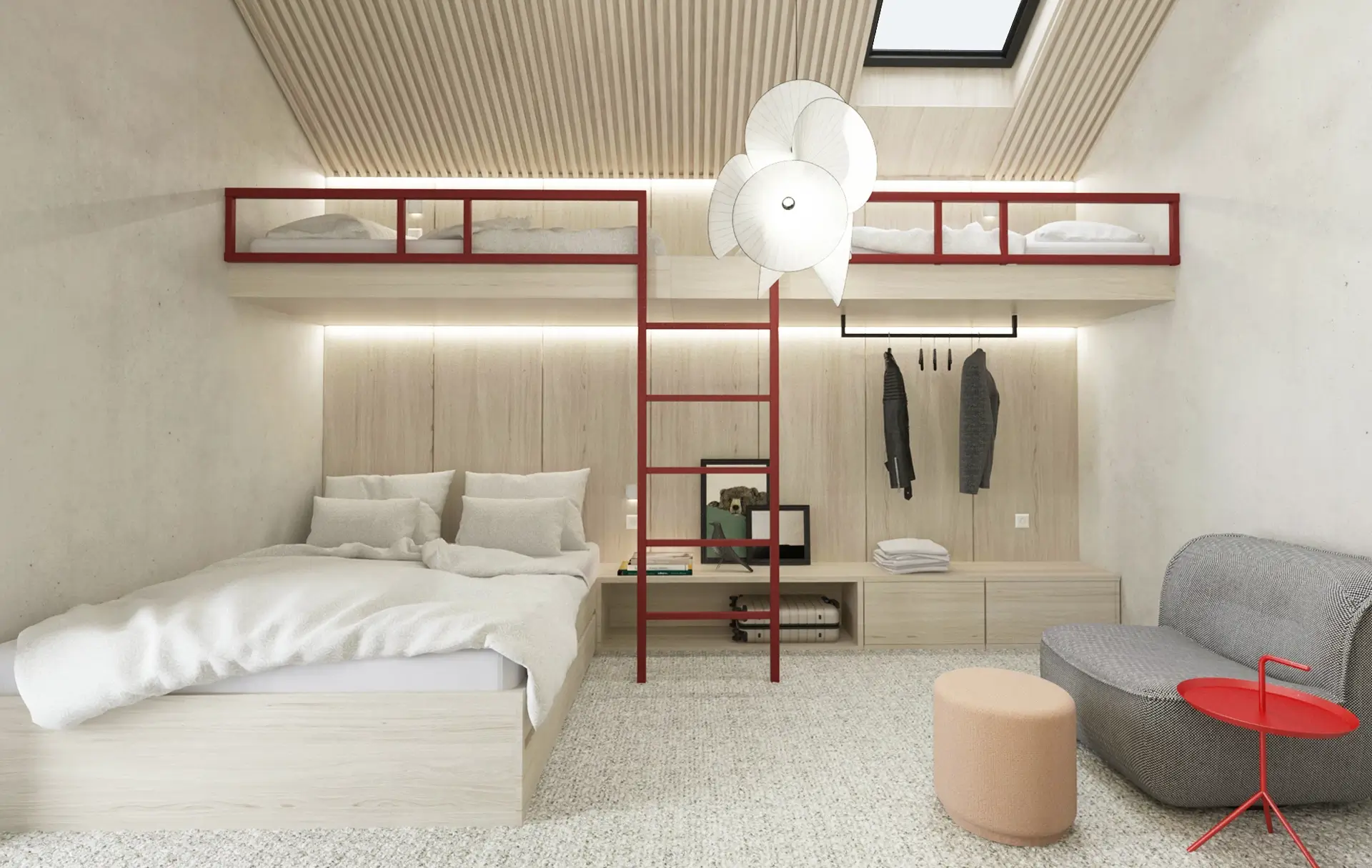 Návrh hosťovskej izby s bordeaux rebríkom, vyvýšenými postelami a svietidlom Moooi, PO House