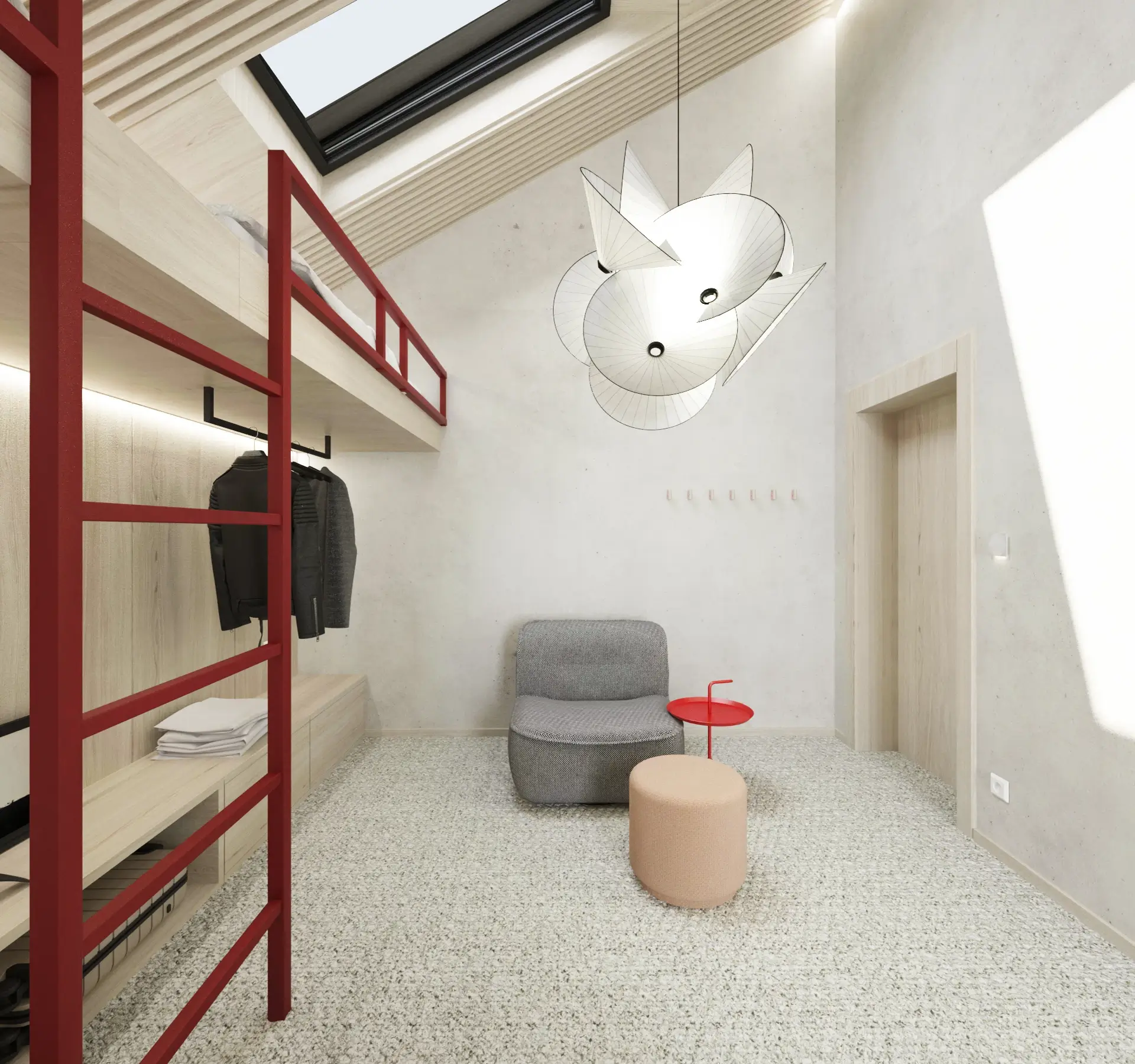 Návrh izby pre hostí s východom na krytú terasu a akustickým lamelovým obkladom, PO House