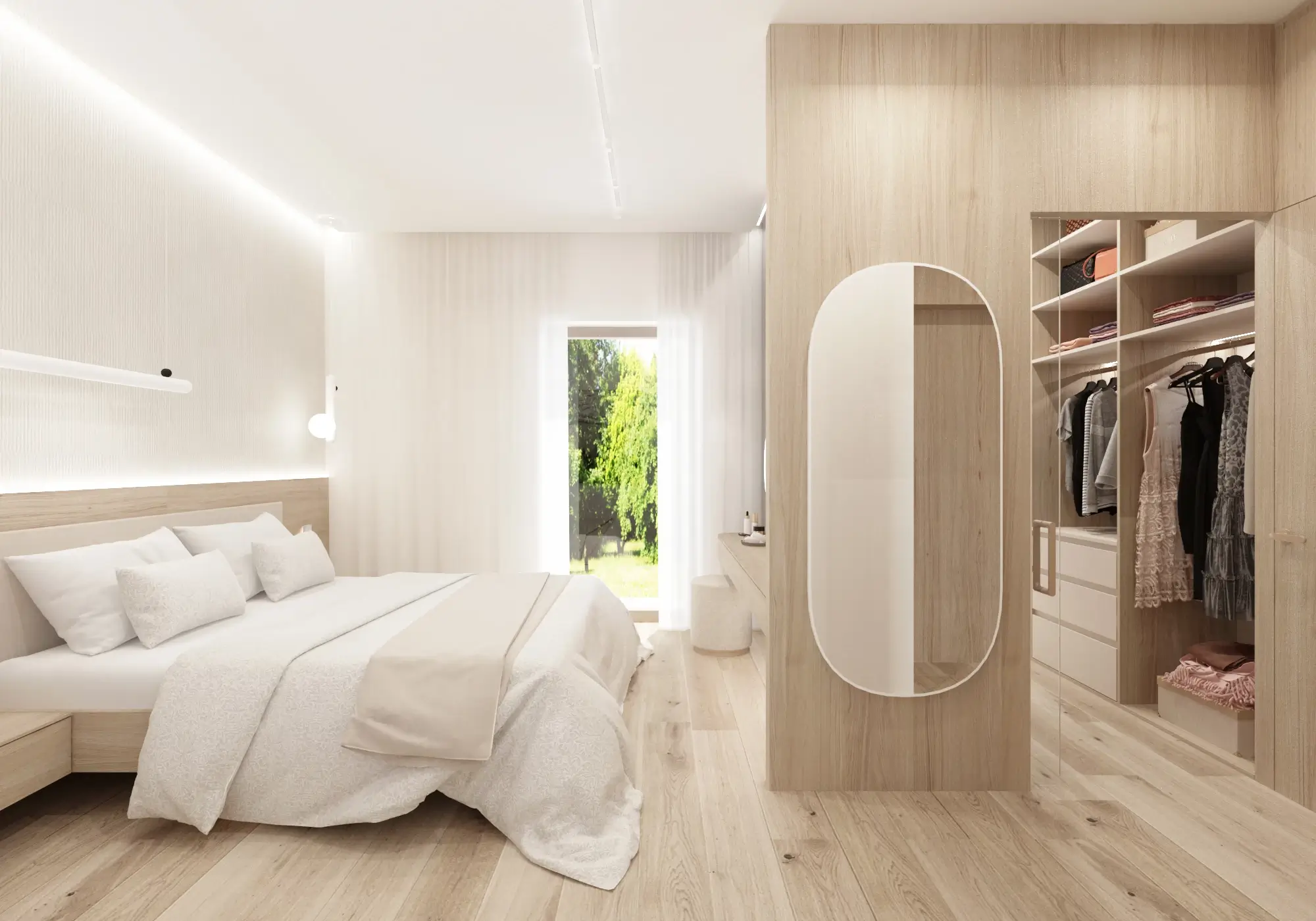 Návrh interiéru spálne so vstavaným šatníkom, rodinný dom RD RA