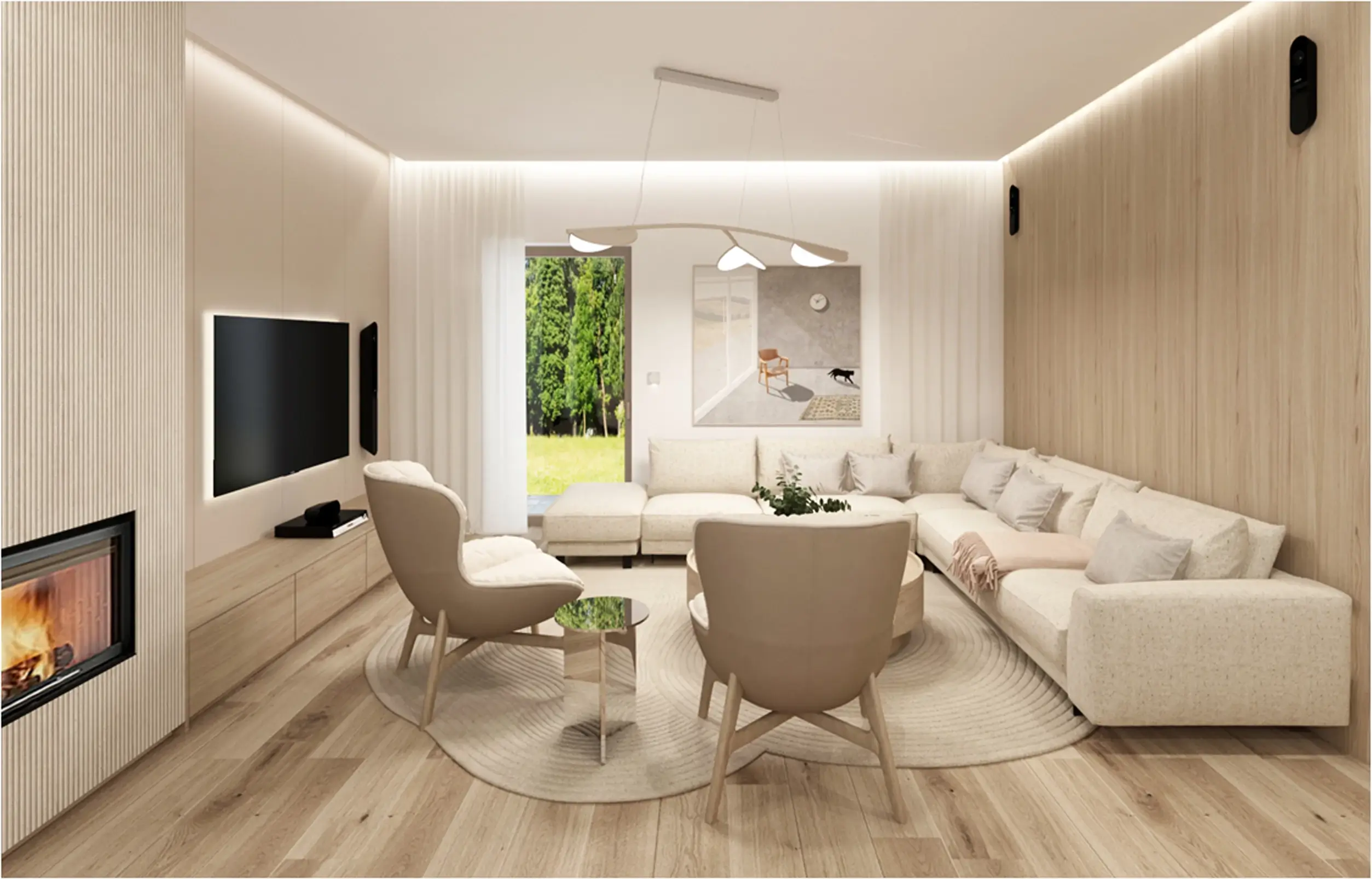 Návrh obývačky s krbom a pohodlnou sedačkou, projekt RD RA, Veronika Paluchová