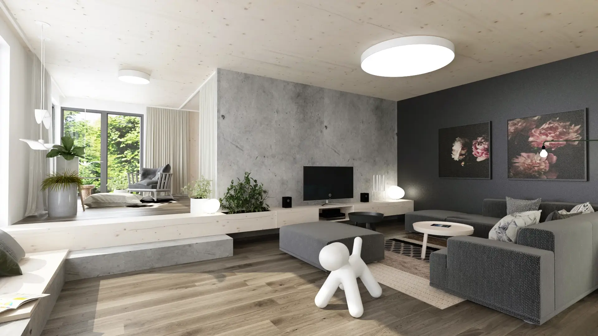 Návrh interiéru s kreatívnym sedením v okne pri krbe, CLT drevostavba Trnava