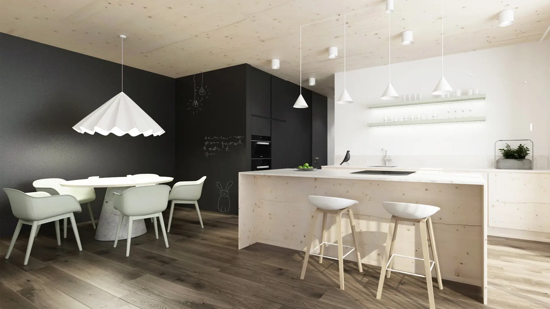 Interiér drevostavby TT CLT v Trnave so smrekovými CLT panelmi a priznaným stropom